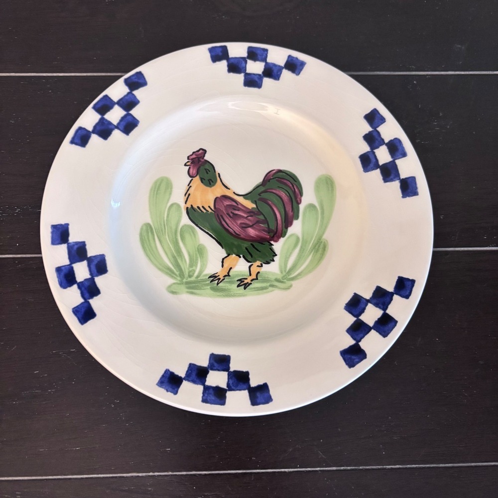 Williams Sonoma | Rooster Salad Plate Made in‎ Portugal Blue Checkered 8.5 Inch